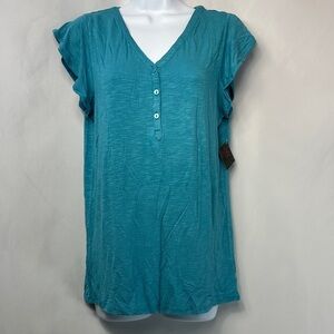 NWT Chic Teal V-Neck Blouse with Ruffled Sleeves